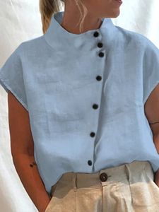 Vrouwen T Shirt Vintage Tops Mujer Vrouwen Blouse Effen Katoen Linnen Zomer Casual Chic Tuniek Knopen Opstaande Kraag Oversized Witte Blouses Blusas 230711