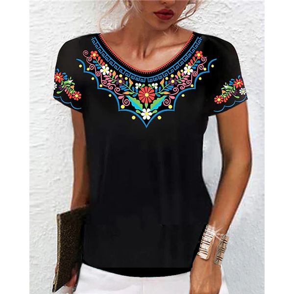 T-shirt femme Vintage T-shirt femme 2023 Tops imprimés 3d Style ethnique tribal Chemisier décontracté Été O cou T-shirts Lady Plus Size Clothing 230718