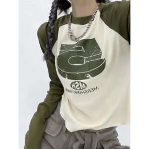 T-shirt Femme Vintage Y2K Patchwork T-shirts Femmes Hippie O Cou Streetwear T-shirts à manches longues Femme Kpop Rétro Coréen Mode Crop Tops 230403