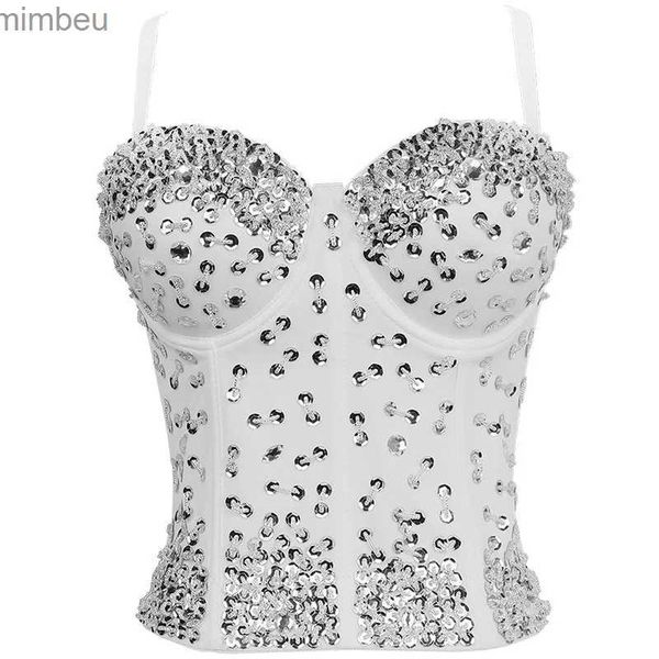 T-shirt Femme Visivane Sexy Punk Sequin Débardeur Femmes Court Corset Stage Party Shaper Dames Crop Tops Blusas Camis Bras Chemise Femme Vêtements L240201