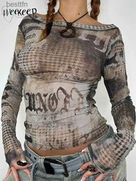 T-shirt Femme Weekeep Grunge Retro Mesh Crop Top Y2K Vintage Print Long Sle Voir à travers T-shirt Sexy Clubwear Chemises Femmes Mode Tenues 240311