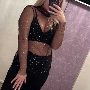 Dames T-shirt Wit Mesh Parreny Hollow Out Women New O-Neck Lace Summer Zie door Cover Crop Crop Top Shirt Long Sleeve Groothandel Trendy P230328