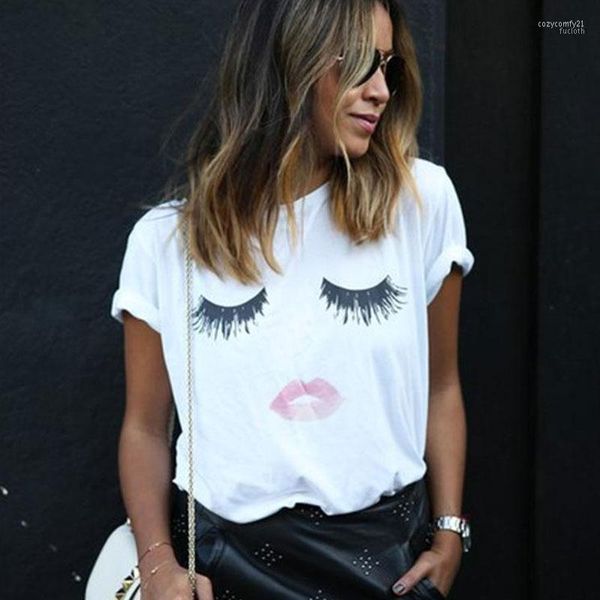 T-shirt femme vente en gros- 2022 été femmes T-shirts mode charmant yeux lèvres imprimé Top chemises dame fille décontracté manches courtes Tumblr1