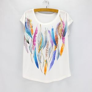 T-shirt pour femmes en gros-Fashion Colorful Feather Printing Shirt Femmes American European Design Girls Top Tees Wholesale