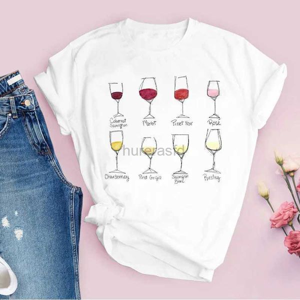 T-Shirt femme motif verre de vin imprimé haut à manches courtes pour femme à la mode et mignon imprimé dans les années 1990 240323