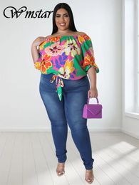 Dames t-shirt wmstar plus size t shirts blouses top bloem bedrukt casual off schouder in zomerkleding groothandel druppel 230811