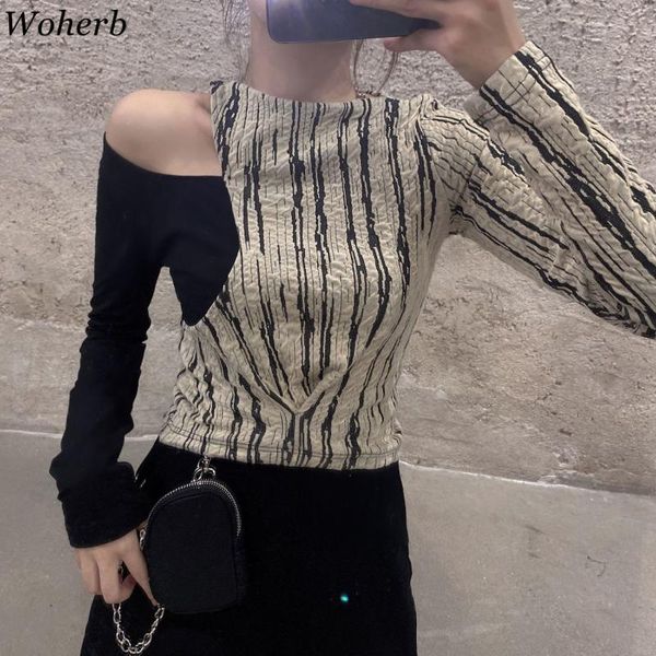 Camiseta para mujer Woherb Crop T-shirts Mujeres fuera del hombro Camisetas de manga larga Rayas Ins Moda Primavera Verano Classic Tees Ladies Korean Chi