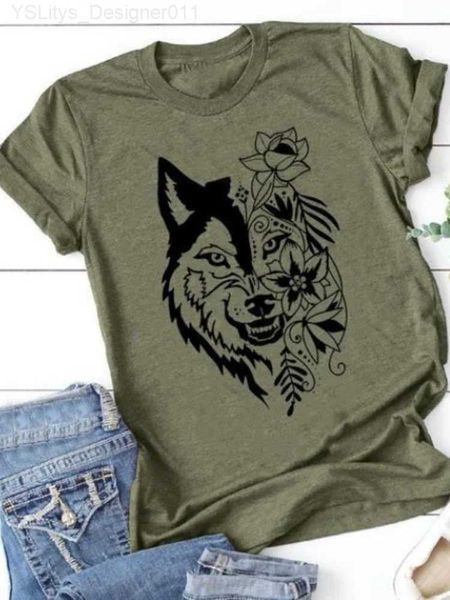 Camiseta para mujer, camiseta con estampado Floral de cabeza de lobo, camiseta holgada con cuello redondo para mujer, camiseta de verano para mujer, Camisetas jer L24312