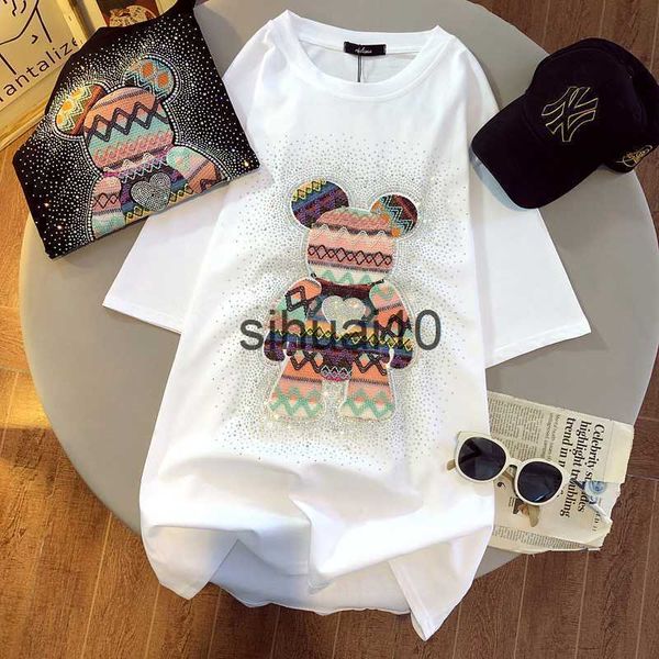 T-shirt femme femme été surdimensionné t-shirts col rond décontracté ample t-shirt Harajuku filles manches courtes blanc noir bas mignon ours broderie hauts J230627