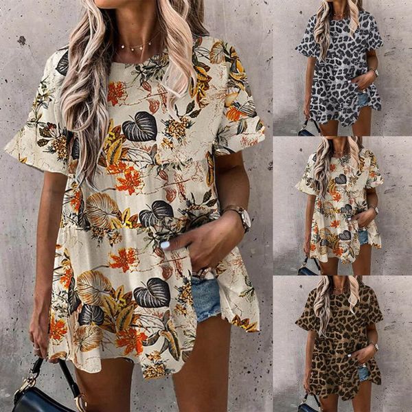 Camiseta de mujer Casual estampado de manga corta de verano arrugado cuello redondo Top suelto Babydoll blusa Junior Tops largos Tops de mujer