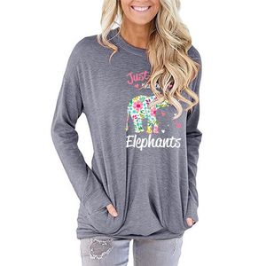 T-shirt Femme Femmes O-Cou Harajuku Coloré Éléphant Imprimer Top Manches Longues Casual Femme Surdimensionné Chaud Hiver T ShirtWomen's