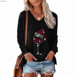 Camiseta para mujer Mujer Navidad Camiseta Jersey Camiseta Cuello en V Sombrero de Navidad Copas de vino Imprimir Manga larga Top Casual Tops femeninos Moda 2023C24319