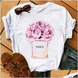 Dames T-shirt Vrouwen Kleding Print Bloem Per Fles Zoete Korte Mouw T-shirt Bedrukt Shirt T Vrouwelijke Top Casual Vrouw Tee X0527 Dr Dhjqu