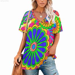 T-shirt pour femmes T-shirts à fleurs colorées pour femmes Lumineux Hippy Cartoon V Neck Street Wear T-shirt surdimensionné Filles T-shirts mignons Vêtements d'été