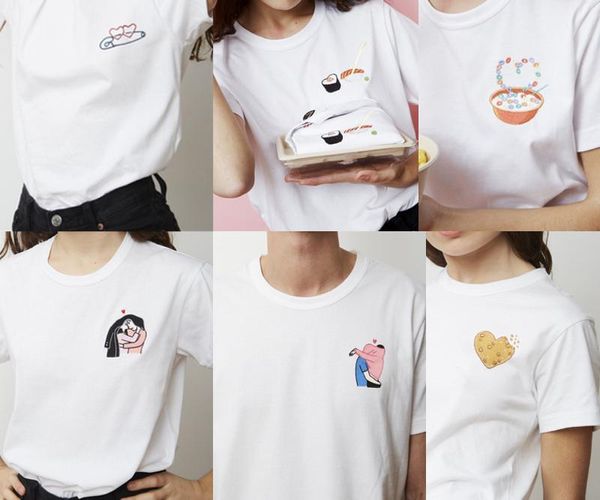 Camiseta de mujer Mujer Pareja Sushi Amor Dibujos animados Diversión Bordado Manga corta BlancoMujeres