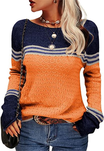 T-shirt Femme Femmes Mode Automne Hiver Colorblock Pull Tricot Pull Col Rond Tricots Tops