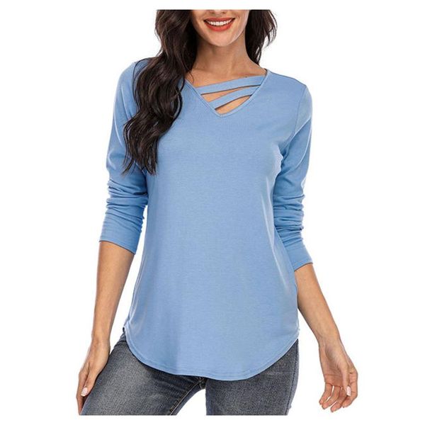 Camiseta de mujer de manga larga de color sólido Tops con cuello en V Túnica suelta Dobladillo irregular Base Camiseta Jersey Casual Home Streett-shirt # t2g