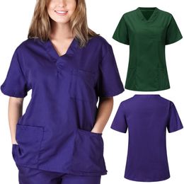 Dames T-shirt Dames Man Mode Scrubs Tops V-hals Korte mouwen Shirt met twee grote zakken Schoonheid en gezondheid Werkkleding SPA Verpleeguniform 230613