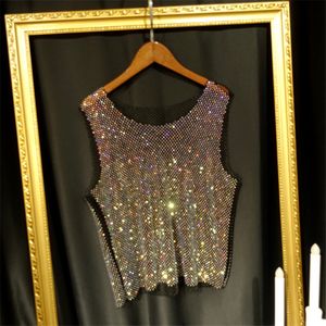 T-shirt Femme Femmes Hommes Cristal Coloré Strass Brillant Sexy Y2K Débardeurs Haute Qualité Party Club Sexy Voir À Travers Maille Creux Diamant 230411