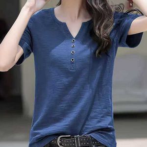 Dames t-shirt dames blouse kleding v-neck knop t-shirt lente zomer losse grote katoen witte korte mouw solide elegante casual tops p230515