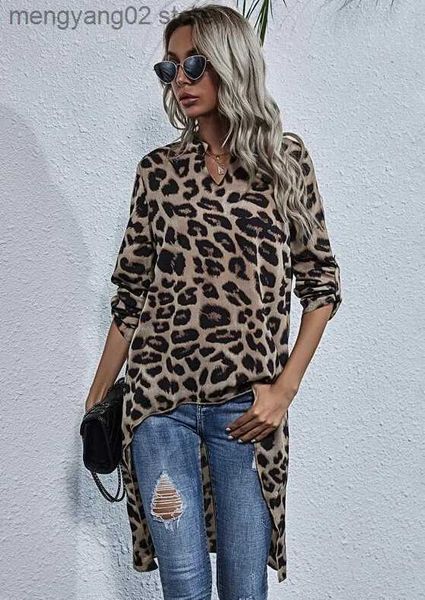 Camiseta para mujer Blusas largas con estampado de leopardo para mujer, camisa irregular, parte delantera corta, espalda larga, cuello en V, Top de manga larga para mujer, ropa de calle 2020 T231027