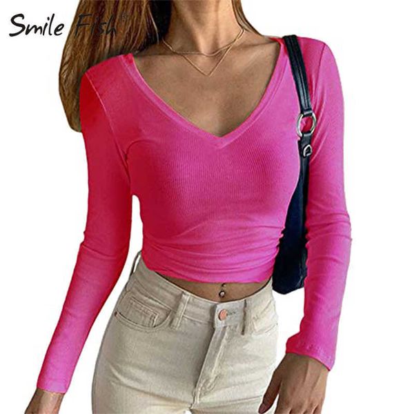 Camiseta de mujer de manga larga con cuello en V Crop Top de punto acanalado Slim Fitted Basic T-Shirts Otoño Streetwear Sexy Lady Hot Pink Tees Knit G1147 T230104