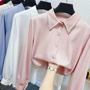 T-Shirt Femme Perles Perles Col Pointu Blanc Fausse Soie Chemises Printemps Long Sle Satin Blouses OL Satin Cardigan Crop Tops BlousesL231208