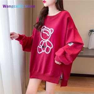 Dames t-shirt dames sweatshirts Harajuku losse o-neck dunne off schoudertoppen schattige beer Koreaanse meisjes extra grote pullovers rode zwarte hoodies 022223H