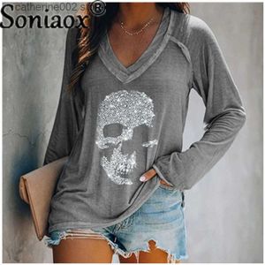 Dames T-shirt Dames T-shirt Casual V-hals Schedel Afdrukken Casual 2021 Lente Herfst Nieuwe Lange mouw Mode Trui Losse Dames Straat Tops T230826