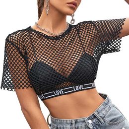 T-Shirt Femme Été Manches Courtes Sheer Fishnet Crop Top Lettres Rayé Élastique Underbust Band See Through Mesh T-Shirt Blouse P230328