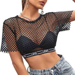 Camiseta para mujer Mujeres Verano Manga corta Sheer Fishnet Crop Top Cartas Rayas Elásticas Banda Underbust Ver a través de malla Camiseta Blusa P230328