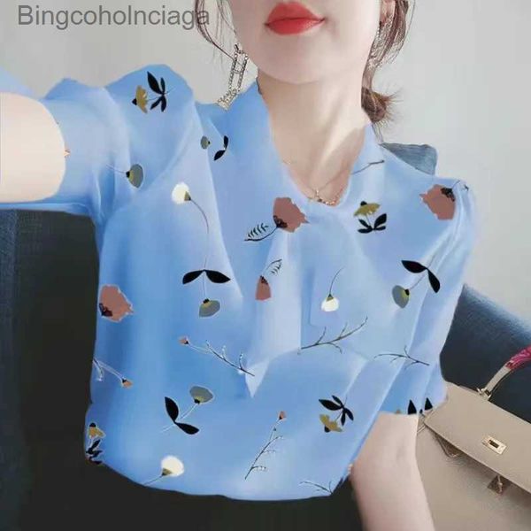 T-shirt Femme Femmes Summer Style Blouses Tops Lady Casual Court Sle Bow Tie Collier Fleur Imprimé Blusas Tops SP1502L231208