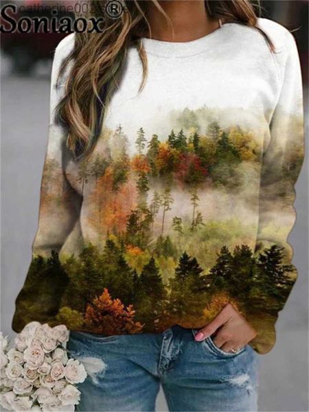 T-shirt Femme Femmes Sweatshirts Artiste Peinture à l'huile Forêt Imprimer Manches longues Dames Printemps Paysage abstrait Jumper 2021 Automne Pull Tops T230826