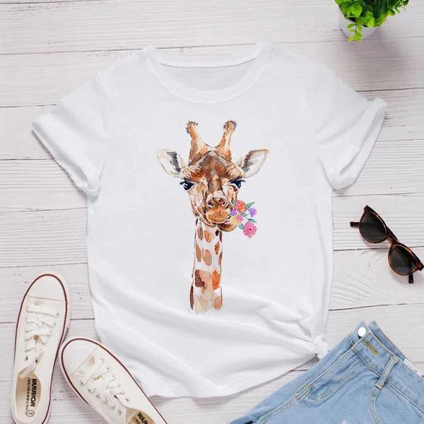 T-shirt féminin T-shirt T-shirt Graphic Cartoon Girafe Ladies T-Shirtsummer Tee Shirts Tops Lady Vêtements Womens Casual Tees Fe T-shirt D240507
