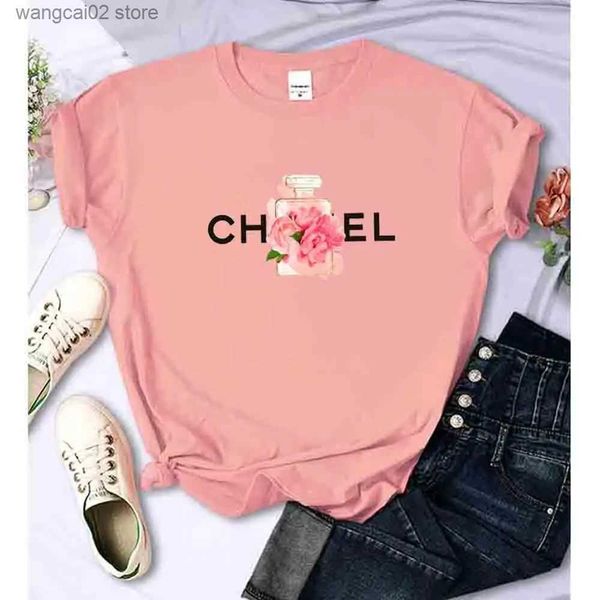 T-shirt Femme Femmes T-shirt Été Coton Pari Fleurs Parfum Blouse Mode Imprimer Graphique TS Marque Qualité Court Slve Tops Vêtements T240402