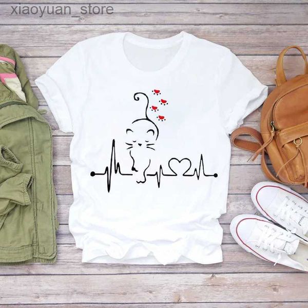 T-shirt Femme Femmes T-shirts Chat Amour Battement De Coeur Patte Animal Impression À Manches Courtes 90s Imprimer Dame Femmes Graphique T Chemise Haute Voyage T-Shirt 240130