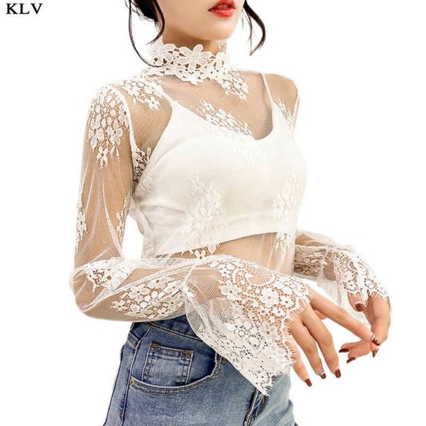 T-shirt Femme Hauts pour femmes Col montant à manches longues T-shirt en maille Floral Applique Cils Dentelle Pull Sexy Hollow Out Crochet Clubwear P230328