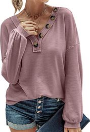 T-shirt pour femme en tricot gaufré, col en V, manches longues, décontracté, ample, uni, faux boutons, pull léger