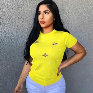 T-shirt Femme Femmes Jaune Manches Courtes Perle Perles T-shirt Dames Casual Tops Papillon Solide Col Rond Été T-shirt De Base J240202