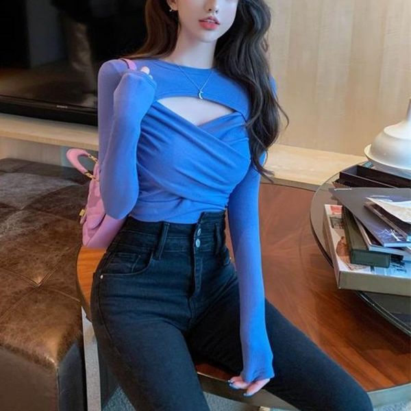 T-shirt Femme Womengaga Automne à manches longues Femmes Slim Top Court Bleu Creux Croissant Skinny Sexy Coréen Kawaii Mignon Sweet Girl XZS6