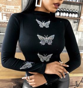 Camiseta de mujer, camiseta informal para mujer, camiseta de manga larga con tachuelas y patrón de mariposa a la moda para mujer, camiseta XS-5XL 230303