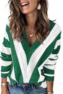Camiseta de mujer Suéter de manga larga con cuello en V a rayas de bloque de color para mujer Suéter de punto S-2XL
