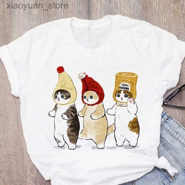 Camiseta para mujer para mujer lindo gato divertido dibujos animados harajuku impresión señoras camiseta casual base o-cuello camisa blanca manga corta señoras camiseta 240130