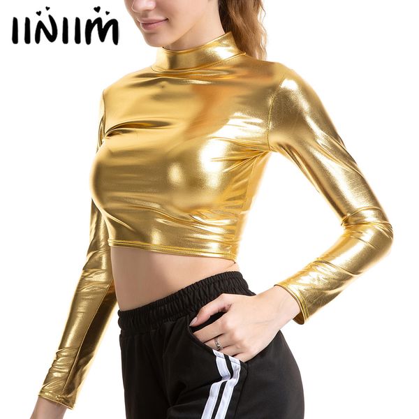 T-shirt pour femmes femmes métalliques brillantes à manches longues crop top dames mode brillant couleur massif moque t-shirt club club pole danse rave bar costume 230202