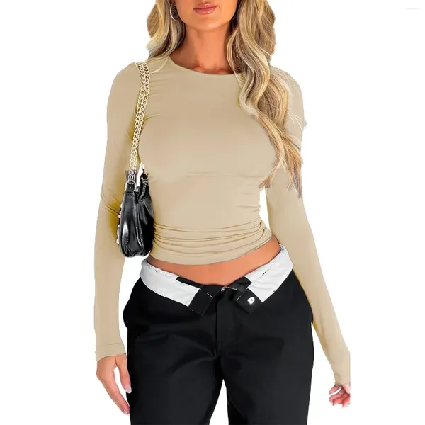 T-shirt Femme Femmes Rose Causal Manches Longues Crop Top pour Femmes Automne Armée Vert O Cou Pulls Base Tees Moulante T-shirt