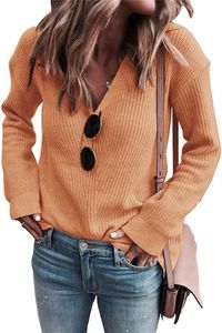 Camiseta de mujer Sexy con cuello en V de manga larga de punto con cable suéteres cálidos acogedor Casual suéter suelto Tops