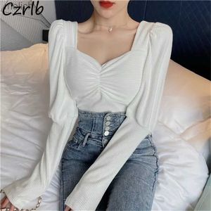 T-shirt pour femmes en décolleté carré solide sexy et doux s-3xl pliage des manches bouffantes vintage jeunes étudiantes douces femmes fashion topwx