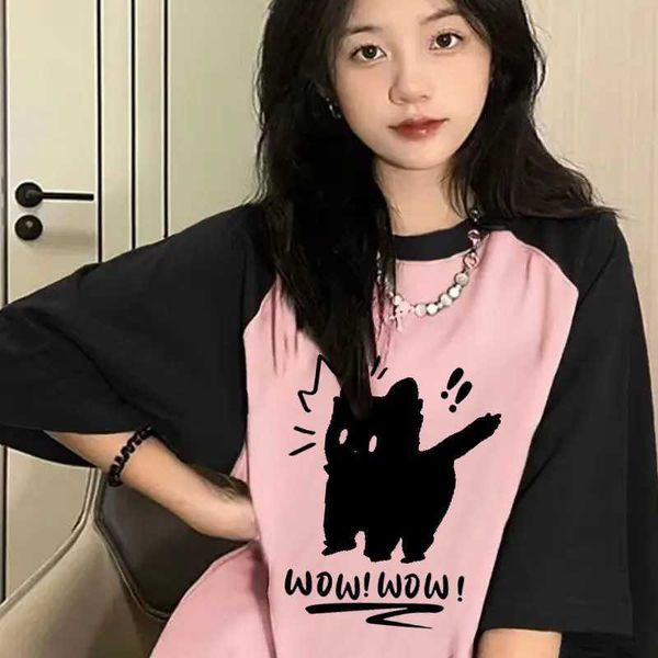 T-shirt féminin pour femmes Summer coréen motif de dessin animé en coton zipper o cou