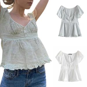 Dames t-shirt dames zomer korte mouwen t-shirt vaste kleur/geruite lage halslijn geplooide zoom casual topl2405