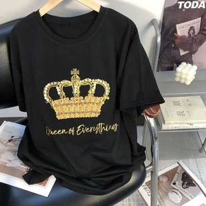 Dames T-shirt dames zomer t-shirt katoen luxe designer kledingset met diamant kroon losse oversized t-shirt korte mouwen top grafisch t-shirt J240527
